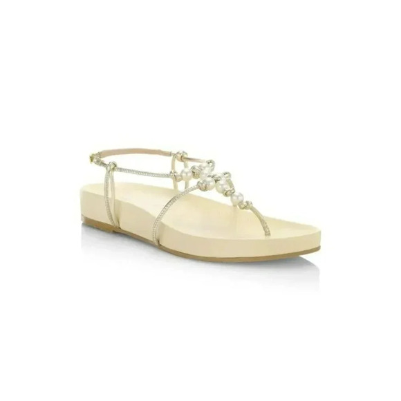 NIB STUART WEITZMAN Pearl Knot Metallic Leather Flat Sandals Size 7.5 MSRP $395 - Picture 1 of 8